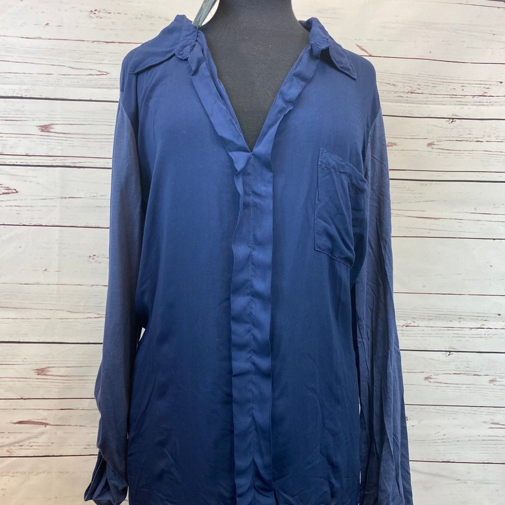 Splendid Blue 2 Tone Split Neck Roll Sleeve Top 3X
